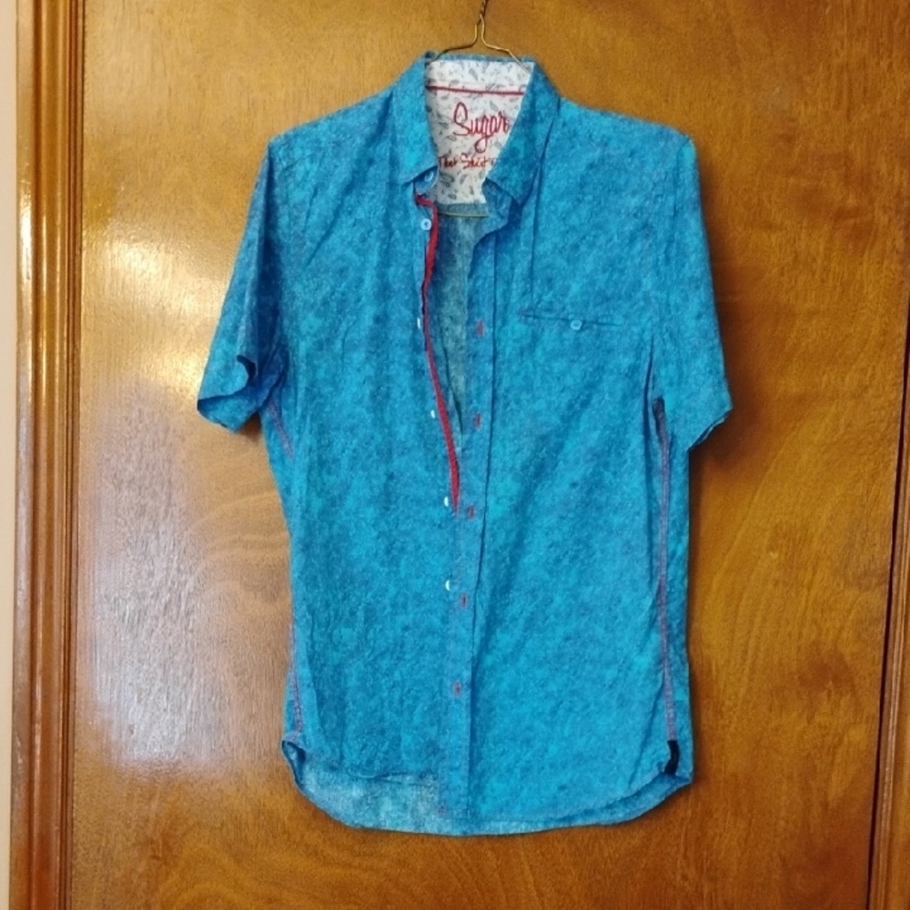 Suger Blue Short Sleeve Button Up  Shirt